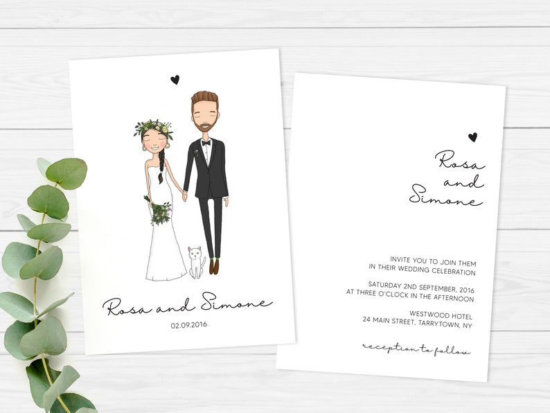 Ensemble d'invitations de mariage personnalisées, portrait de couple personnalisé, portrait de mariés, illustration de mariage personnalisée, invitation personnalisée, numérique image 2