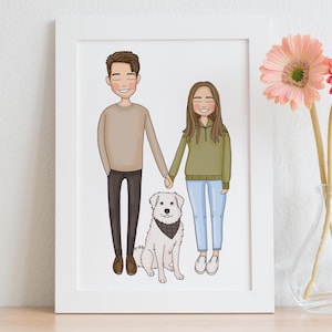Couple portrait with pets, Custom portrait, Personalized Portrait, Couple illustration, gift for him, Anniversary Gift, Engagement Gift