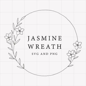 ジャスミン植物手描きベクターイラスト、花輪、クリップアート、ベクター、花輪、白黒の輪、ジャスミンの輪 SVG