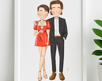 Cartoon Portrait - Custom Couple Portrait - Hand-Drawn Illustration from Photo - Printable file