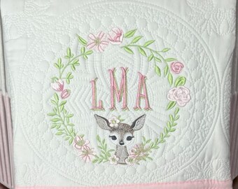 Personalized Deer Baby Quilt, Embroidered Woodland Baby Blanket, Monogrammed Cotton Keepsake Gift for Girl