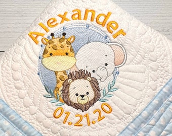 Safari Animals-Personalized Embroidered Heirloom Baby Quilt,Cozy Nursery Decor