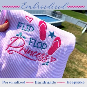 Embroidered Princess Flip Flop Seersucker Beach Towel for Kids - Personalized Pool Accessory