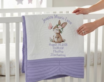 Personalized Baby Girl Quilt: Embroidered Bunny, Birth Stats, Lavender Keepsake