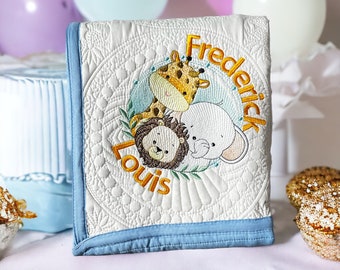 Safari Baby Quilt Personalized-Lion Giraffe Elephant Blanket, Custom Embroidered Nursery Decor, Jungle Theme