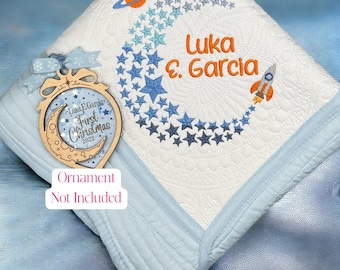 Personalized Moon Baby Quilt, Custom Embroidered Nursery Blanket, Newborn Gift, Heirloom Keepsake