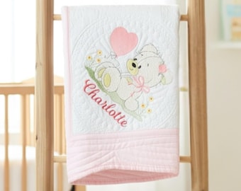 Personalized Baby Quilt with Bear and Balloon, Embroidered Cotton Keepsake Blanket, Custom Name Baby Shower Gift