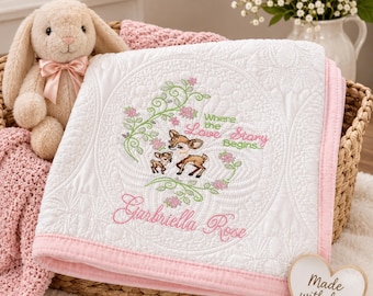 Personalized Baby Girl Quilt with Embroidered Woodland Deer and Pink Trim