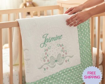 Personalized Mint Green Baby Quilt: Custom Embroidered Cotton Newborn Gift