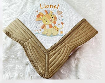 Personalized Safari Lion Baby Quilt: Embroidered Jungle Nursery Blanket with Custom Name