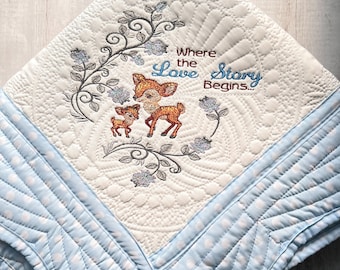 Embroidered Baby Deer Quilt: Personalized Cotton Blanket
