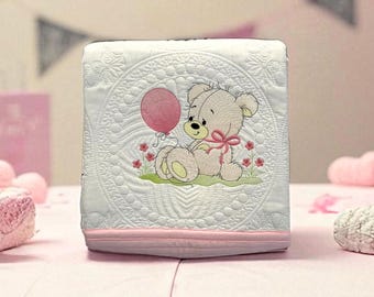 Personalized Teddy Bear Baby Quilt: Embroidered Cotton Newborn Gift