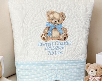 Personalized Teddy Bear Baby Quilt, White Cotton Heirloom Crib Quilt