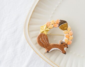 Whimsical Squirrel Pinecone Brooch Pin - Original Japanese Clay Handmade Nature-Themed Accessory, Exclusive Gift