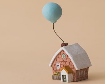 Handcrafted Red Brick Cottage with Blue Balloon - Quaint Healing Desk Decor