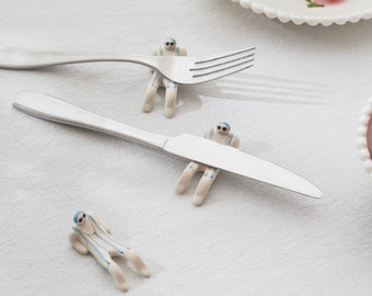 Handmade Ceramic Chopstick Rest - Cute Beach Boys Design, Mini Desk Decor, Funny Spoon Knife Pen Holder