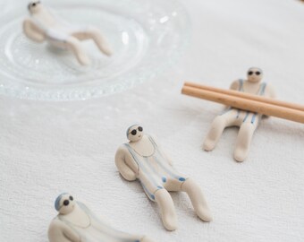 Handmade Ceramic Chopstick Rest - Cute Beach Boys Design, Mini Desk Decor, Funny Spoon Knife Pen Holder