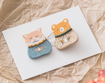 Hand-painted Coffee Cat & Bear Brooches - Original Designs Gifts, Available as Hair Clips or Fridge Magnets