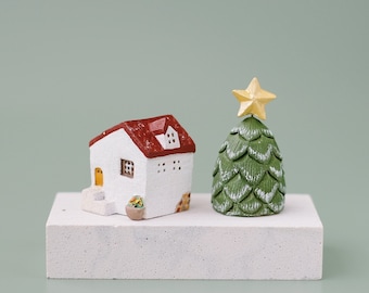 Ensemble maison et arbre miniatures faits main : décoration de bureau kawaii