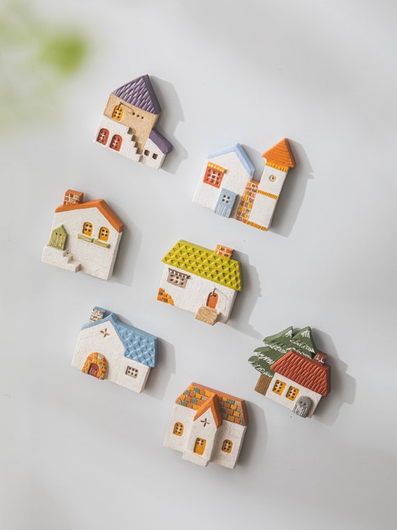 Unique Tiny Clay House Refrigerator Magnets Set, Cute Miniature Houses Photo Magnets, Funny Decorative Magnets Set Christmas Ornaments