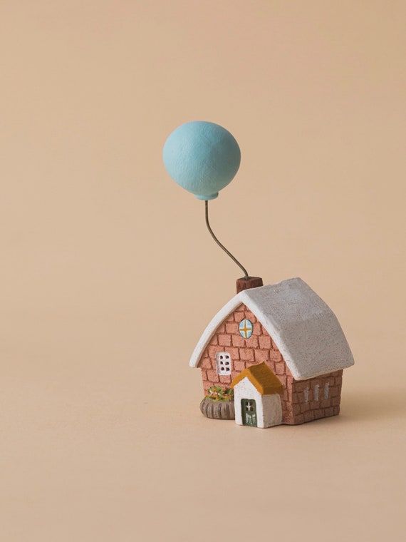 Handcrafted Red Brick Cottage with Blue Balloon - Quaint Healing Desk Decor