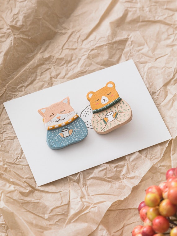 Hand-painted Coffee Cat & Bear Brooches - Original Designs Gifts, Available as Hair Clips or Fridge Magnets