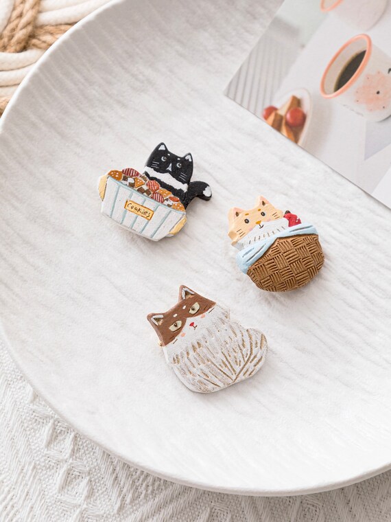 Whimsical Feline Brooch Trio - Orange Lounger, Pouting White,  Snacking Black - Handcrafted & Light Cat Pins