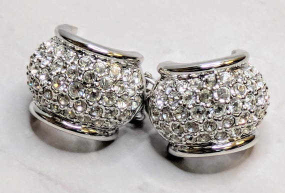Retro Swarovski Marked Silver Tone Huggie Earrings Pave Crystal Clip-on View 2