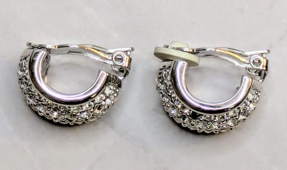 Retro Swarovski Marked Silver Tone Huggie Earrings Pave Crystal Clip-on View 4