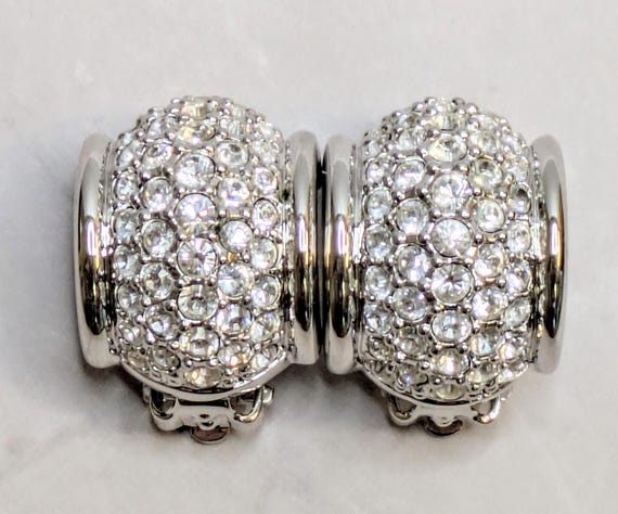 Retro Swarovski Marked Silver Tone Huggie Earrings Pave Crystal Clip-on View 3