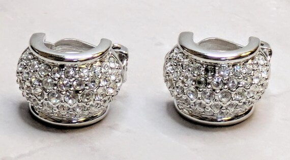 Retro Swarovski Marked Silver Tone Huggie Earrings Pave Crystal Clip-on View 5