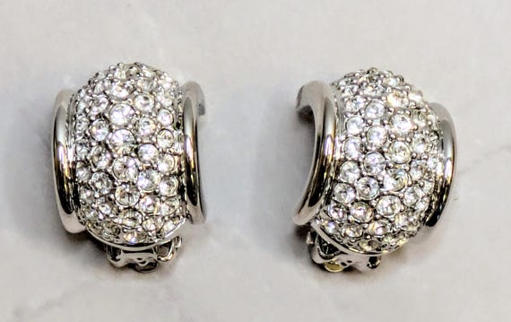 Retro Swarovski Marked Silver Tone Huggie Earrings Pave Crystal Clip-on