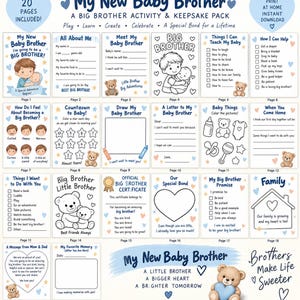 Pode incluir: Um pacote de atividades e recordações imprimível de 20 páginas intitulado My New Baby Brother, com páginas azuis e brancas ilustradas com ursinhos de peluche, crianças e artigos de bebé. O conjunto inclui exercícios de escrita e colorir.