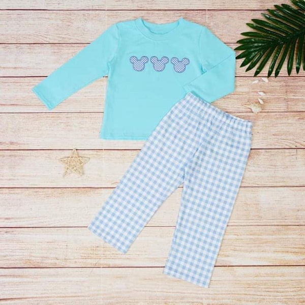 Mickey Blue Trio Embroidered Boys Long Sleeve Outfit Set