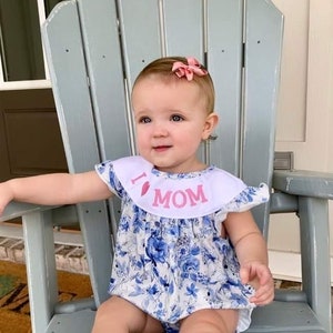 I Love Mom Embroidered Girls Bubble Floral Romper