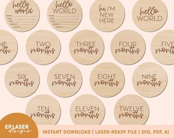 Modern Monthly Milestones SVG - Set 1 | Glowforge SVG File, Glowforge Cut File, Laser File, Milestone Disc, Newborn Milestone Set