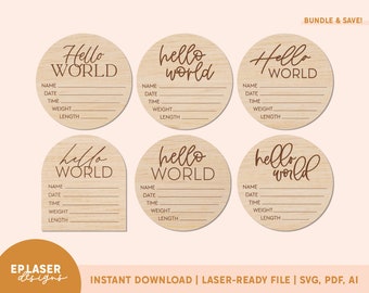 Hello World SVG Bundle | Birth Announcement svg, Baby Stats Sign svg, Birth Stats svg, Glowforge File, Glowforge Cut File, Laser svg File
