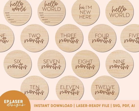 Modern Monthly Milestones SVG - Set 1 | Glowforge SVG File, Glowforge Cut File, Laser File, Milestone Disc, Newborn Milestone Set
