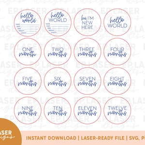 May include: Twelve round, red-bordered, white-filled stickers with blue text. The stickers feature the phrases "hello world", "hi I'm new here", "one month", "two months", "three months", "four months", "five months", "six months", "seven months", "eight months", "nine months", "ten months", "eleven months", and "twelve months".