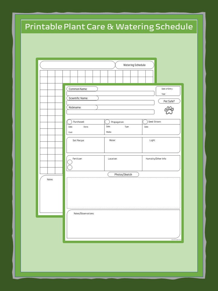 House Plant Care &amp; Watering Schedule Printable PDF PNG Etsy