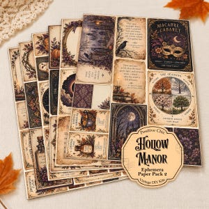 May include: A collection of rectangular paper ephemera sheets featuring vintage-style illustrations of gothic scenes, seasonal trees, potion bottles, and literary quotes. The set includes a label reading Positive Chic Hollow Manor Ephemera Paper Pack 2.