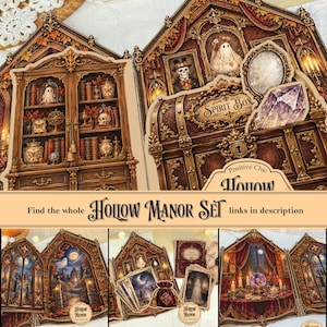 Op de afbeelding: Een collectie decoratieve papieren uitstansvormen van de Hollow Manor-set. De ontwerpen bevatten een gedetailleerde houten boekenkast, een spirit box, een kristal en diverse gotische illustraties van geesten en landhuizen.