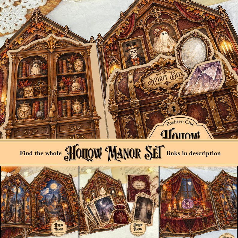 Op de afbeelding: Een collectie decoratieve papieren uitstansvormen van de Hollow Manor-set. De ontwerpen bevatten een gedetailleerde houten boekenkast, een spirit box, een kristal en diverse gotische illustraties van geesten en landhuizen.