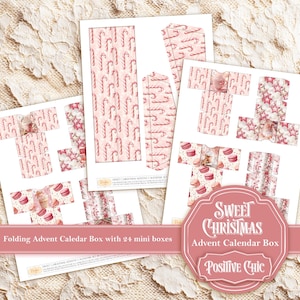 May include: A set of printed sheets for a folding Advent calendar box. The designs feature candy canes, stars, and macarons in shades of pink and white. The text "Sweet Christmas Advent Calendar Box" is visible.