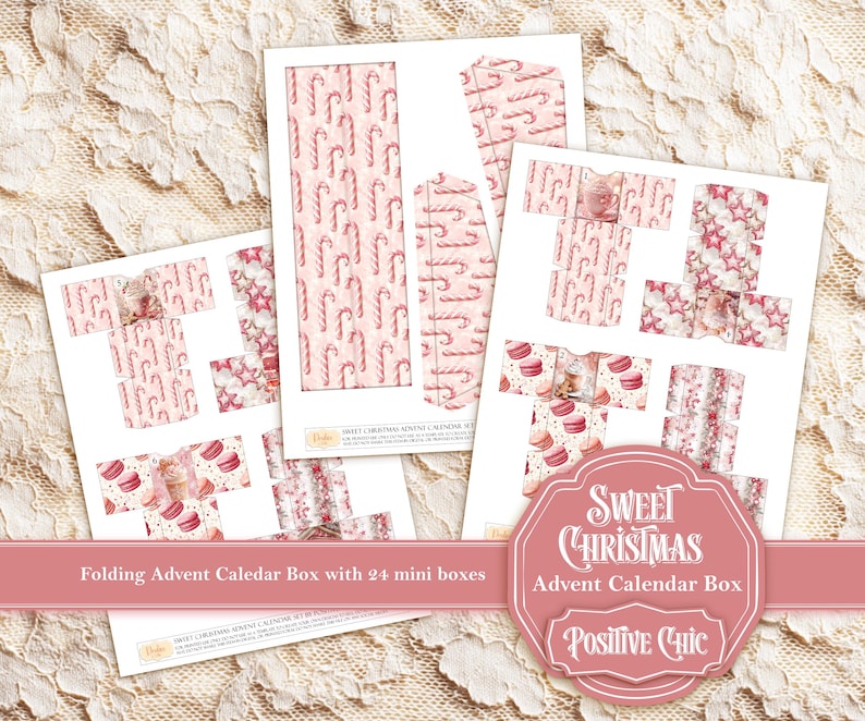 May include: A set of printed sheets for a folding Advent calendar box. The designs feature candy canes, stars, and macarons in shades of pink and white. The text "Sweet Christmas Advent Calendar Box" is visible.