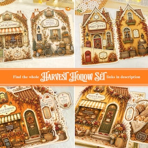 May include: A collection of die-cut paper illustrations featuring autumn-themed storefronts including a cafe, post office, pantry, and bakery. Each building is decorated with fall foliage, pumpkins, and signage with text like Harvest Hollow.