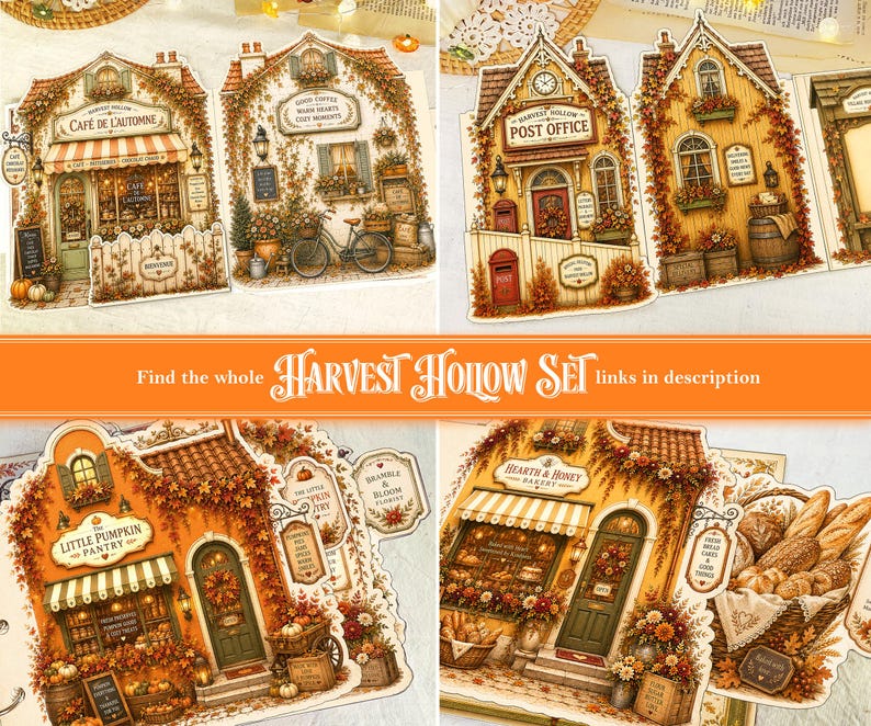 May include: A collection of die-cut paper illustrations featuring autumn-themed storefronts including a cafe, post office, pantry, and bakery. Each building is decorated with fall foliage, pumpkins, and signage with text like Harvest Hollow.