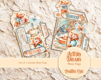 May include: Set of eight Autumn Maxi Tags with vintage-style illustrations. The tags feature floral arrangements, butterflies, pumpkins, and the words "Autumn Dreams" and "Positive Chic". The color palette includes orange, teal, and cream.