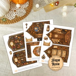 Op de afbeelding: Drie vellen papier met gedrukte illustraties voor een Hollow Manor junk journal kit. De ontwerpen bevatten gedetailleerde kamerinterieurs, boekenplanken, een schedel, een sleutel, een zakhorloge en een fles, allemaal in bruine en gouden tinten.
