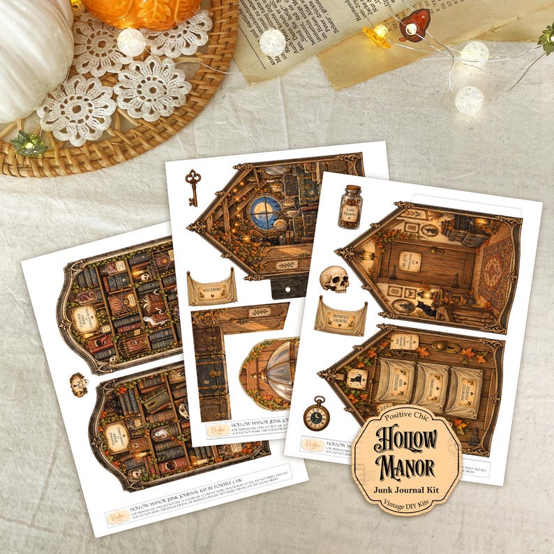 Op de afbeelding: Drie vellen papier met gedrukte illustraties voor een Hollow Manor junk journal kit. De ontwerpen bevatten gedetailleerde kamerinterieurs, boekenplanken, een schedel, een sleutel, een zakhorloge en een fles, allemaal in bruine en gouden tinten.